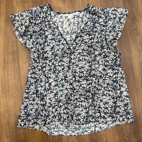 Veronica Beard Joi Abstract Print Flutter Sleeve Blouse in Navy Blue size 12 - Picture 2 of 10
